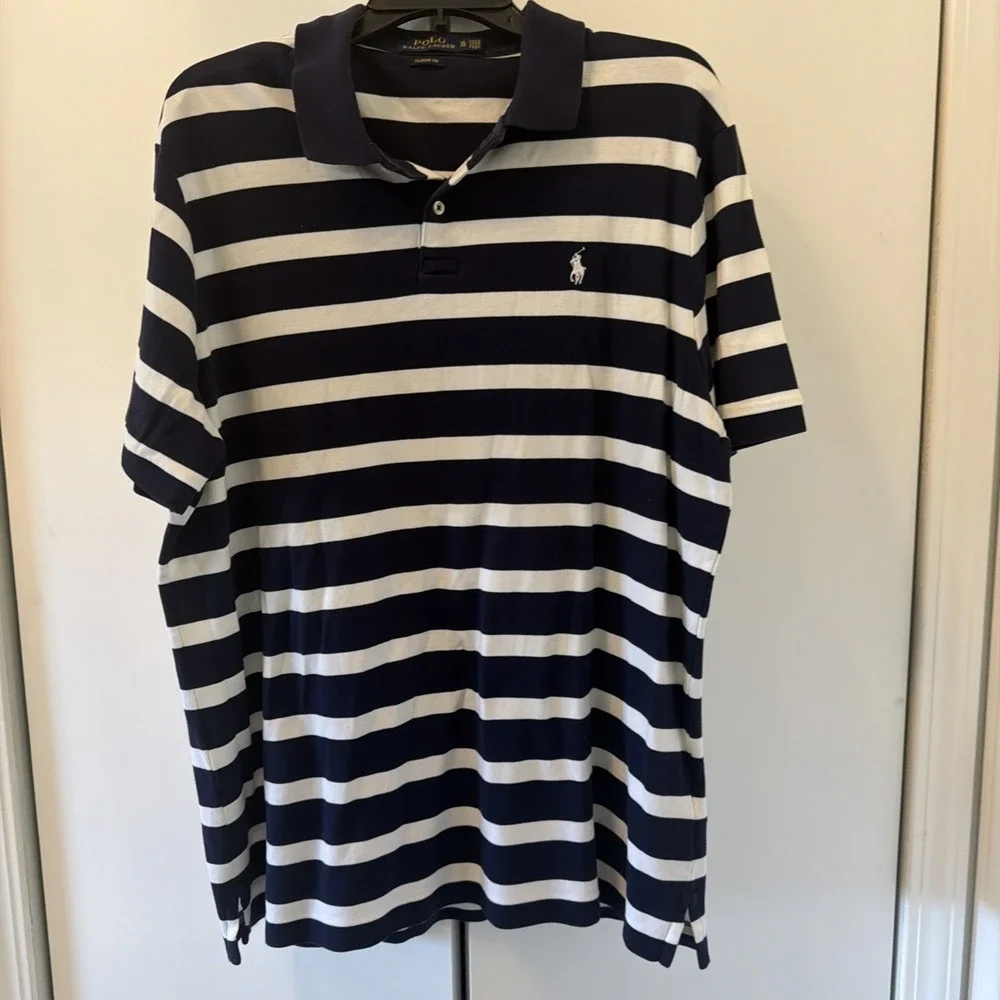 Polo Ralph Lauren Shirt Men's XL Navy/White Stripes Short Sleeves Polo 00028